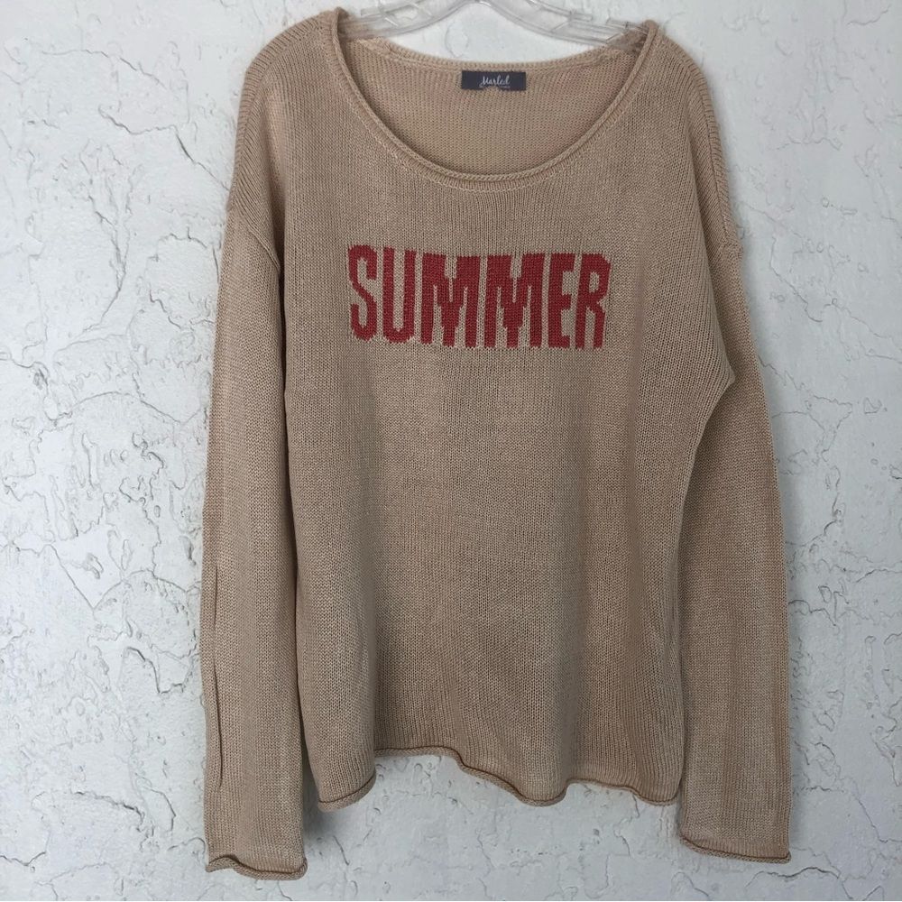 Marled Beige Crewneck Sweater with Red SUMMER Text